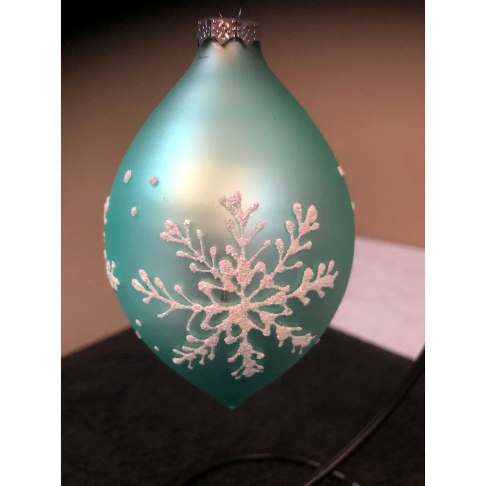 3 ~Vintage Teal Glass Ornaments Frosted White Glitter Snowflakes & Reflective 5